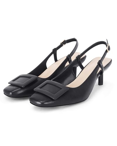 Coutgo Womens Slingback Pumps Kitten Heel Closed Square Toe Buckle Office Work Dress Shoes, Black, Size 8.5 | Amazon (US)