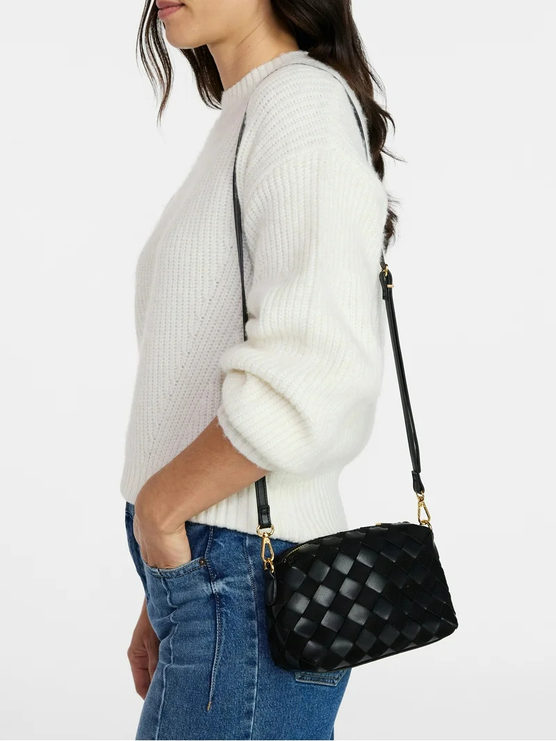 Time and Tru Women's Faux Leather and Suede Woven Camera Crossbody Bag, Black | Walmart (US)