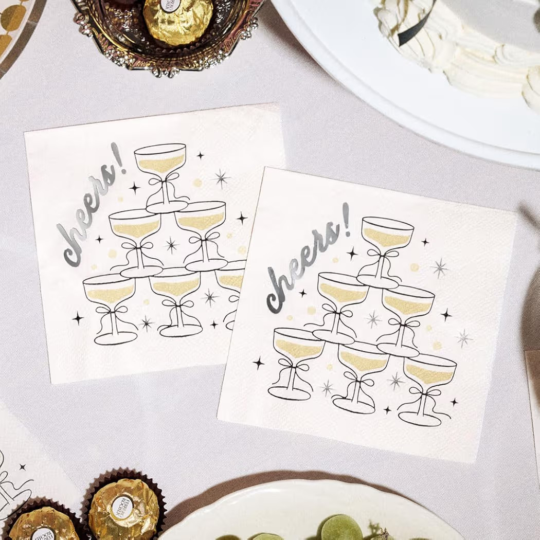 xo, Fetti Gold Foil Cheers Napkins | 3-ply, 50 pcs | Bachelorette Party Champagne Coupe Decoratio... | Amazon (US)