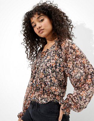 AE Chiffon Lace Up Blouse | American Eagle Outfitters (US & CA)