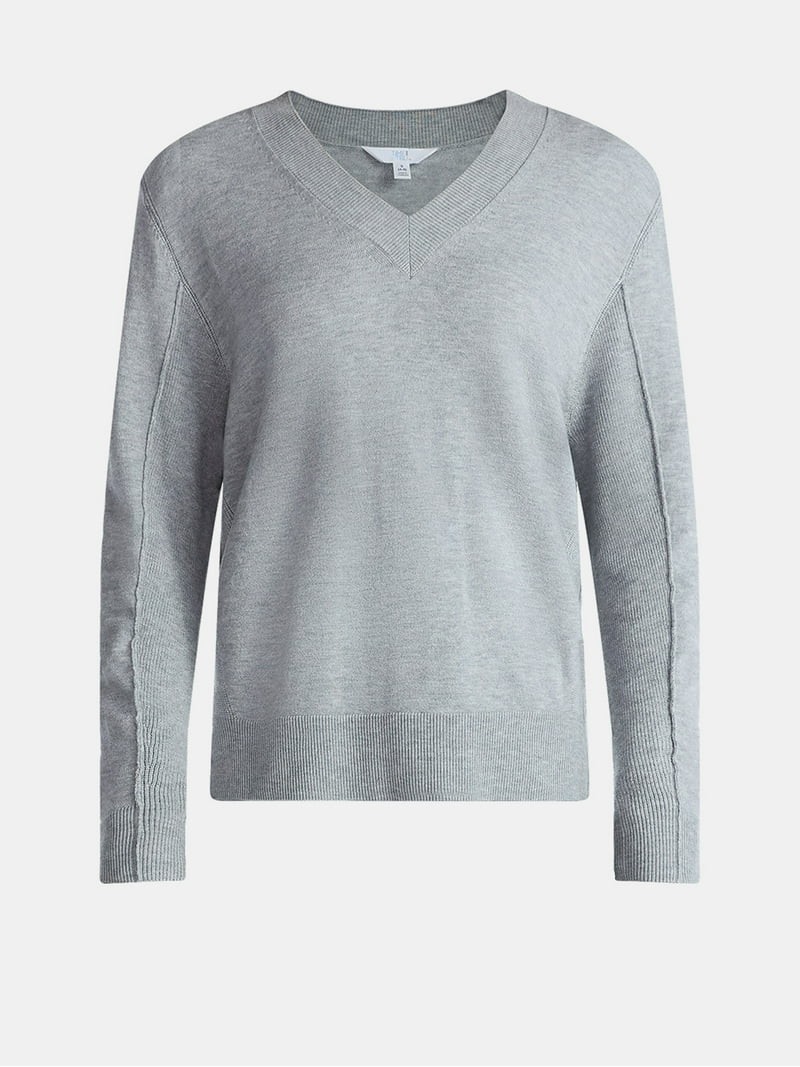 Time and Tru Women's Ribbed Panel V-Neck Sweater with Long Sleeves, Midweight, Sizes XS-XXXL | Walmart (US)