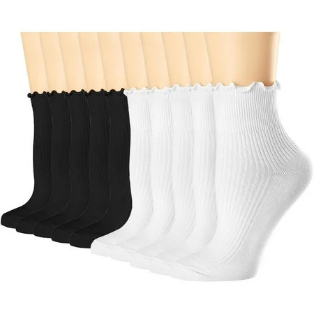 10 Pairs Womens Ruffle Socks, Casual Cute Ankle Socks Comfy Breathable Cool Knit Cotton Crew Frilly Sock for Women | Walmart (US)