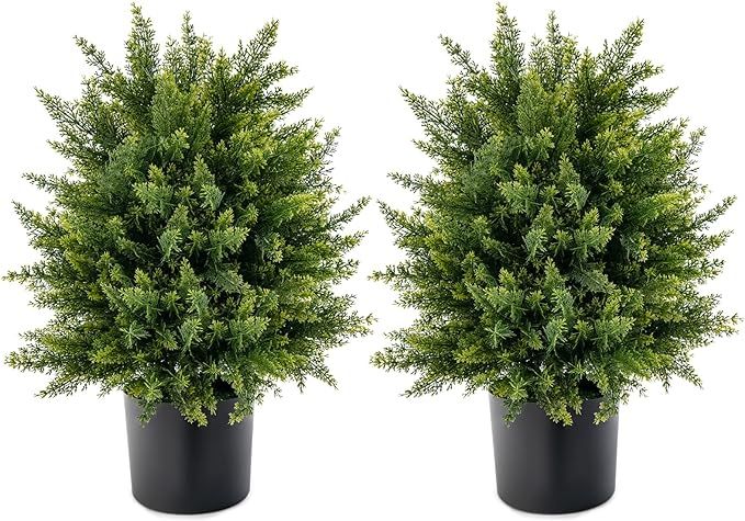 22'' Artificial Cedar Topiary Tree 2 Pack, Faux Shrub Brush Potted Tree Set with Cement Pot, Fake... | Amazon (US)
