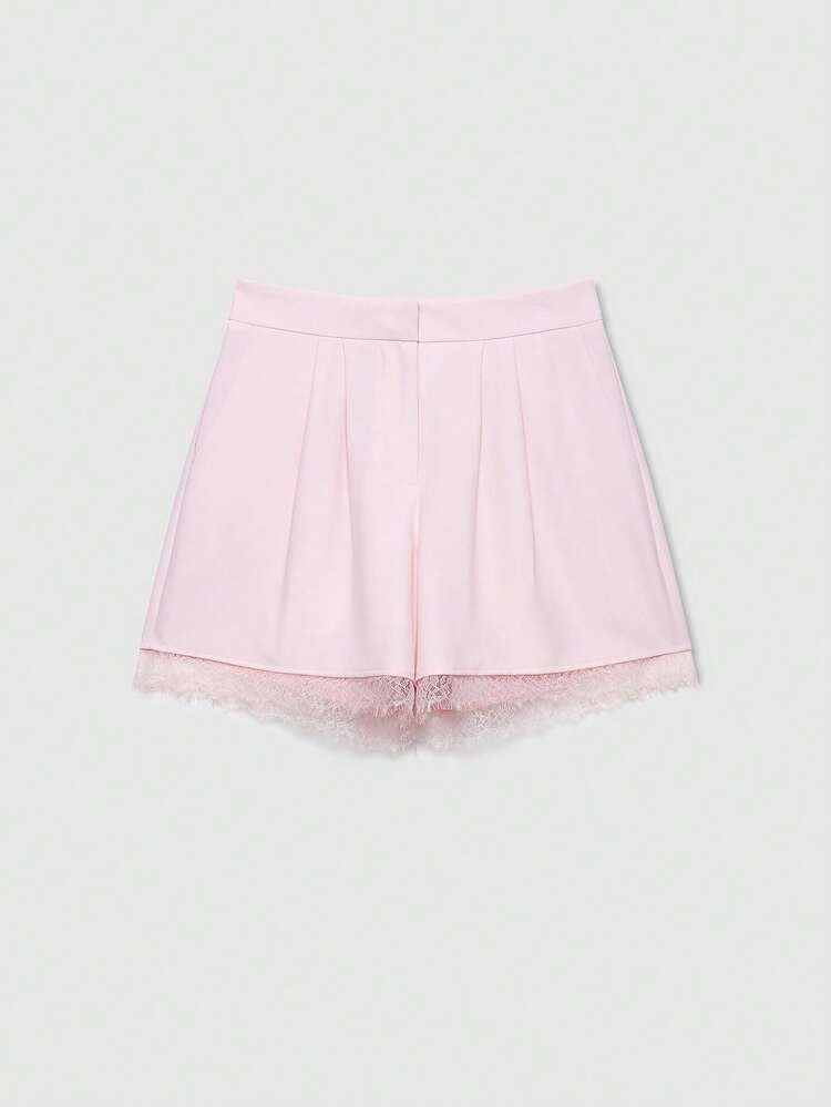 Women's Summer Contrast Lace Casual Folding Pleated Shorts Pink | SHEIN