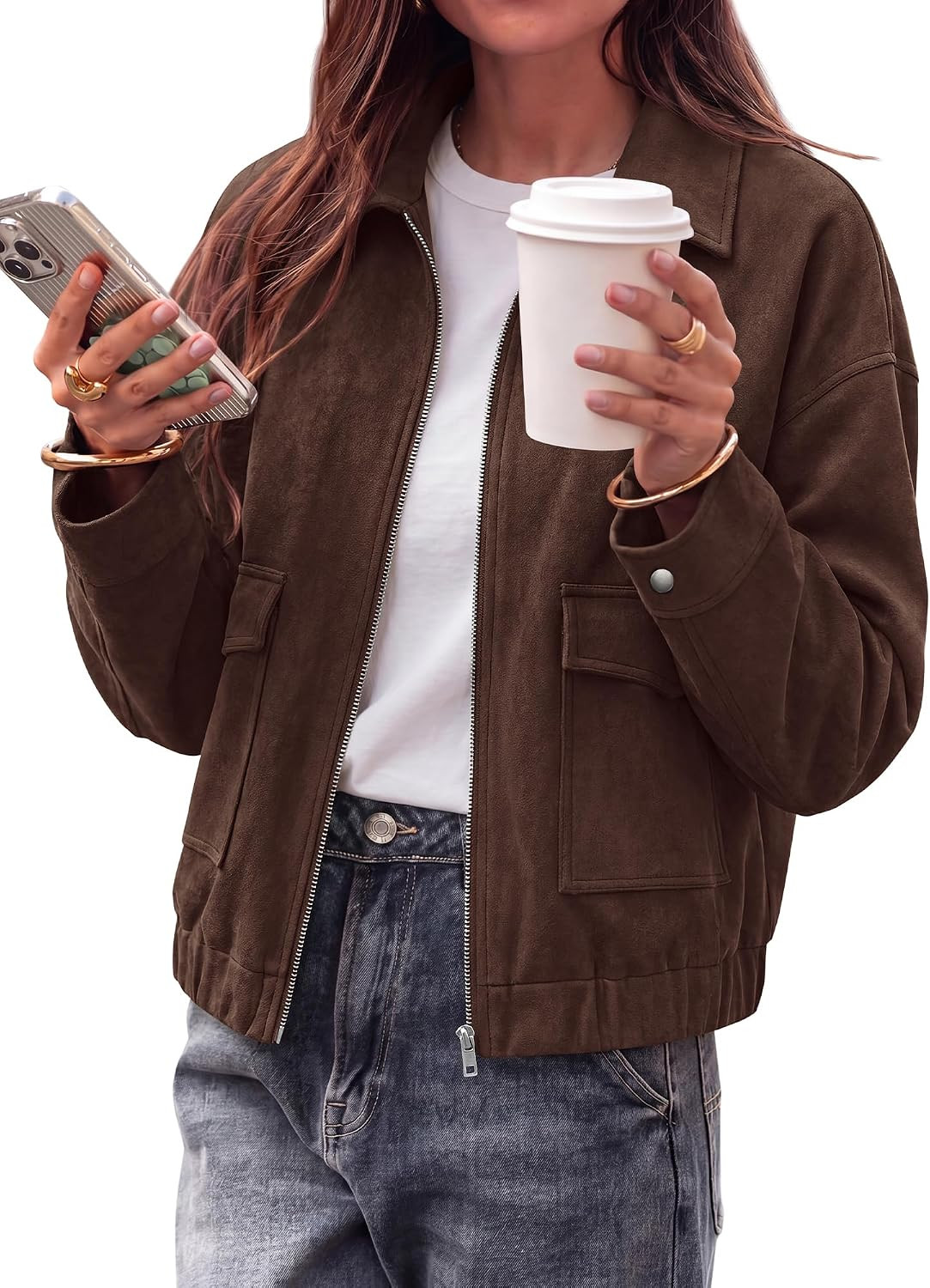 KIRUNDO Womens Faux Suede Jacket Zip Up Cropped Bomber Coats | Amazon (US)