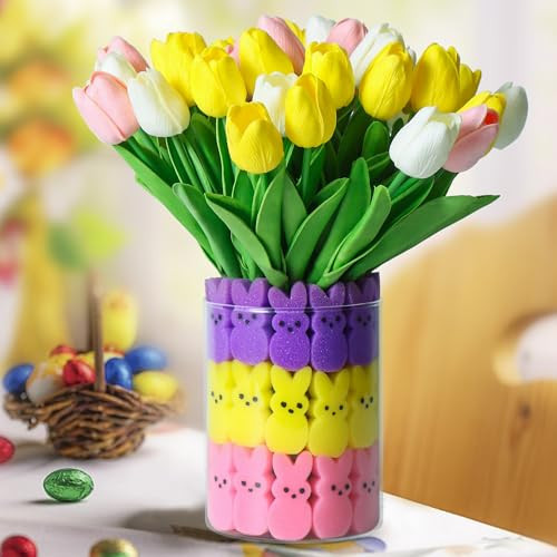 Shitailu Easter Decorations - Easter Little Bunnies Decor - 15 pcs Artificial Tulips with 48 pcs Bunnies Vase Filler Set, Spring Home Decoration Centerpieces for Tables, NO VASE | Amazon (US)