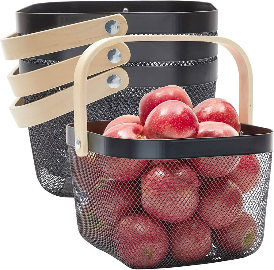 4 Pack Square Metal Mesh Fruit Basket with Wooden Handle for Kitchen, Pantry, Storage, Organization (9.5 x 7 In, Black) | Amazon (US)