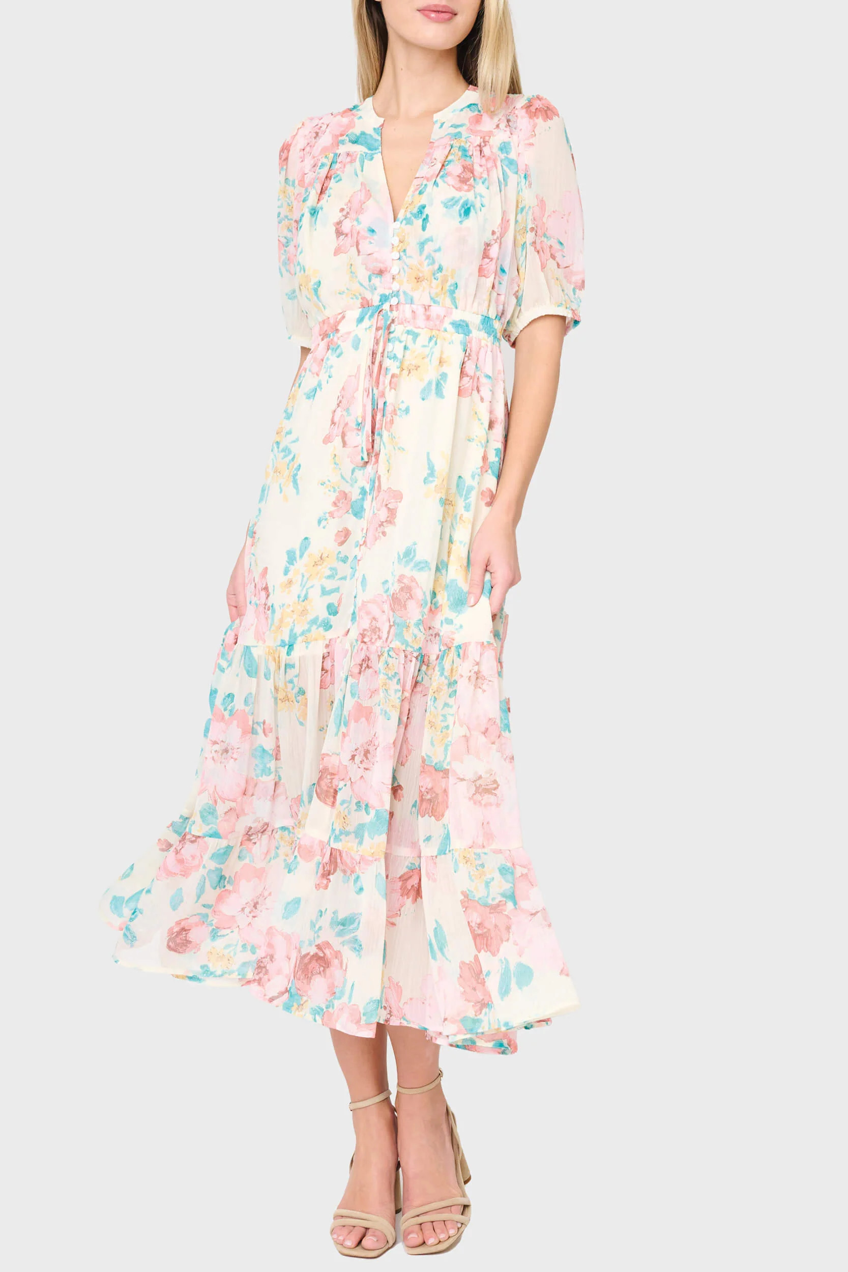 Kira Drawstring Midi Dress | Chiffon Button Front Dress | Gibsonlook