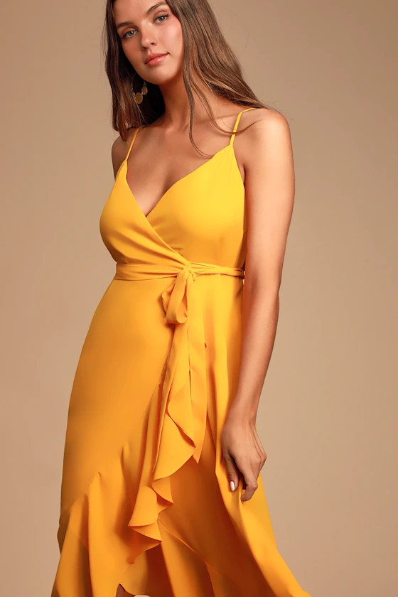 Manhattan Moment Bright Orange Ruffled Midi Wrap Dress | Lulus (US)