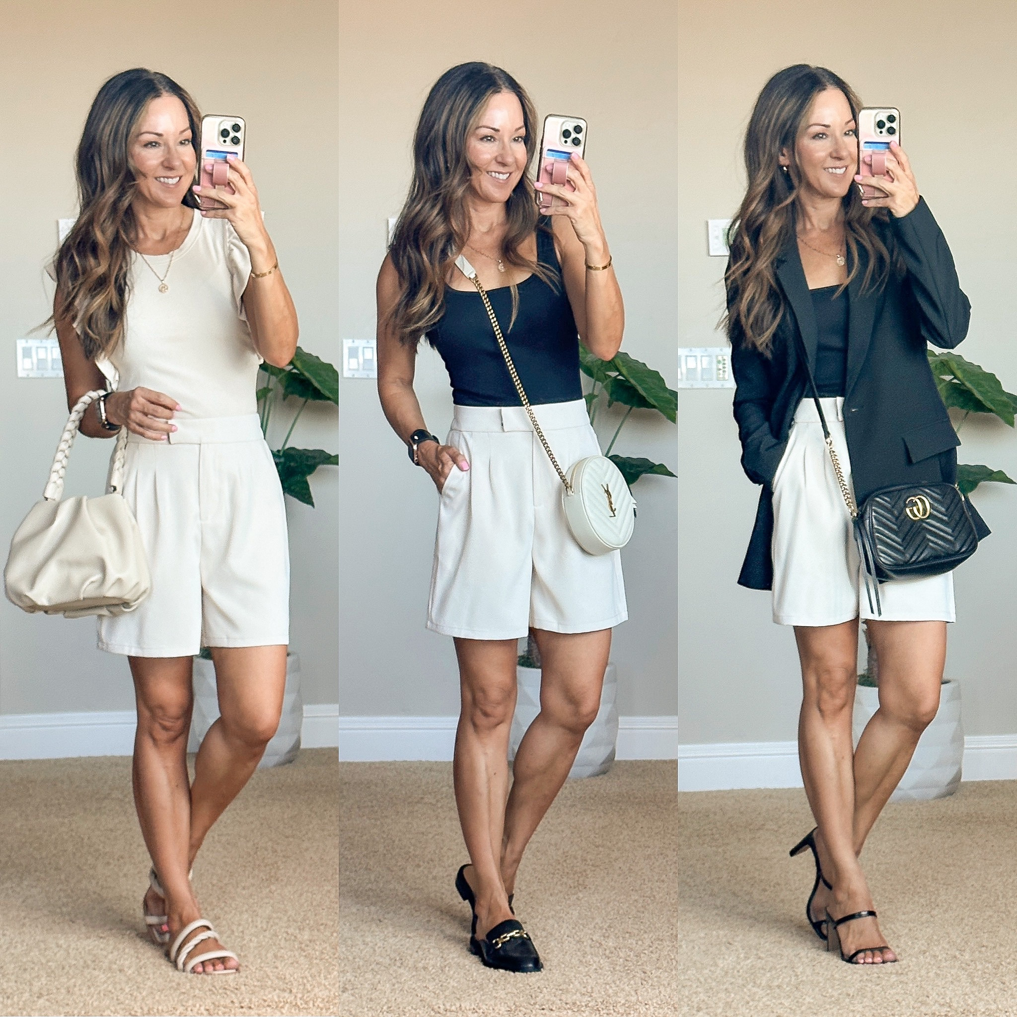 Trouser shorts from Amazon with elastic back size small in beige, comes in several colors.  Perfect for casual, lunch dates, workwear.  Love this blazer!  I wear an xxs small, comes in several colors.  Bodysuits run small, I sized up to a medium.  I linked my bags plus affordable options for my bags.  Heels, loafer mules, summer sandals  

#LTKshoecrush #LTKworkwear #LTKstyletip