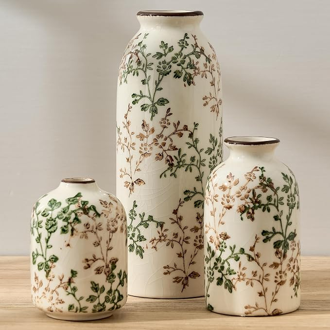 Green and Beige Antique Vase Set of 3, Vintage Chinoiserie Floral Vase, Rustic Ceramic Vase for H... | Amazon (US)