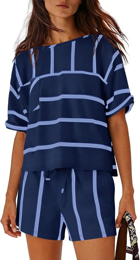 Nirovien Womens Striped Lounge Set 2 Piece Vacation Outfits Short Sleeve Tops and Drawstring Shor... | Amazon (US)