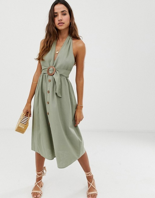 ASOS DESIGN halter neck midi button through linen sundress with buckle | ASOS US