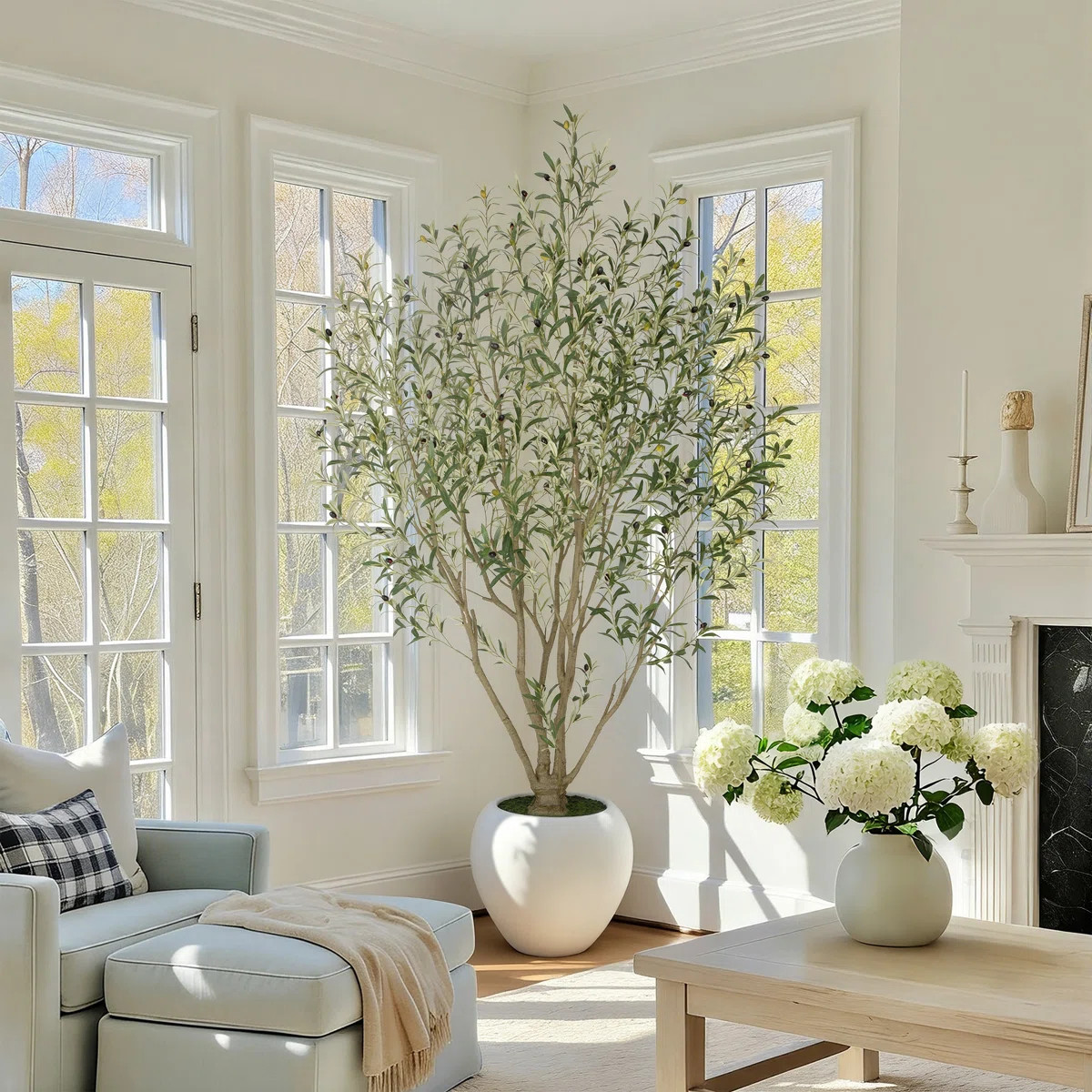 5/6/7/8/9ft Grand Artificial Olive Tree in White Planter - Large Faux Multi-Trunk Floor Plant for... | Wayfair North America