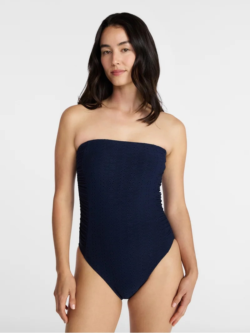 Time and Tru Women's and Women's Plus Eyelet Bandeau One Piece Swimsuit with Side Shirring, Sizes... | Walmart (US)