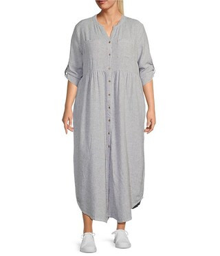 Westbound Plus Size Linen Blend Stripe 3/4 Rolled Sleeve Y-Neck Button Front Maxi Shirt Dress | D... | Dillard's