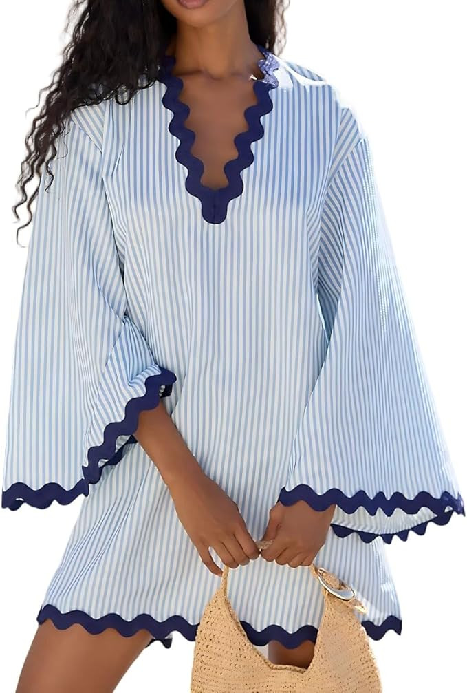 VAOYIU Women's Boho Striped V-Neck Dress Flowy Bell Sleeves Cover Up with Wavy Trim Beach Resort ... | Amazon (US)