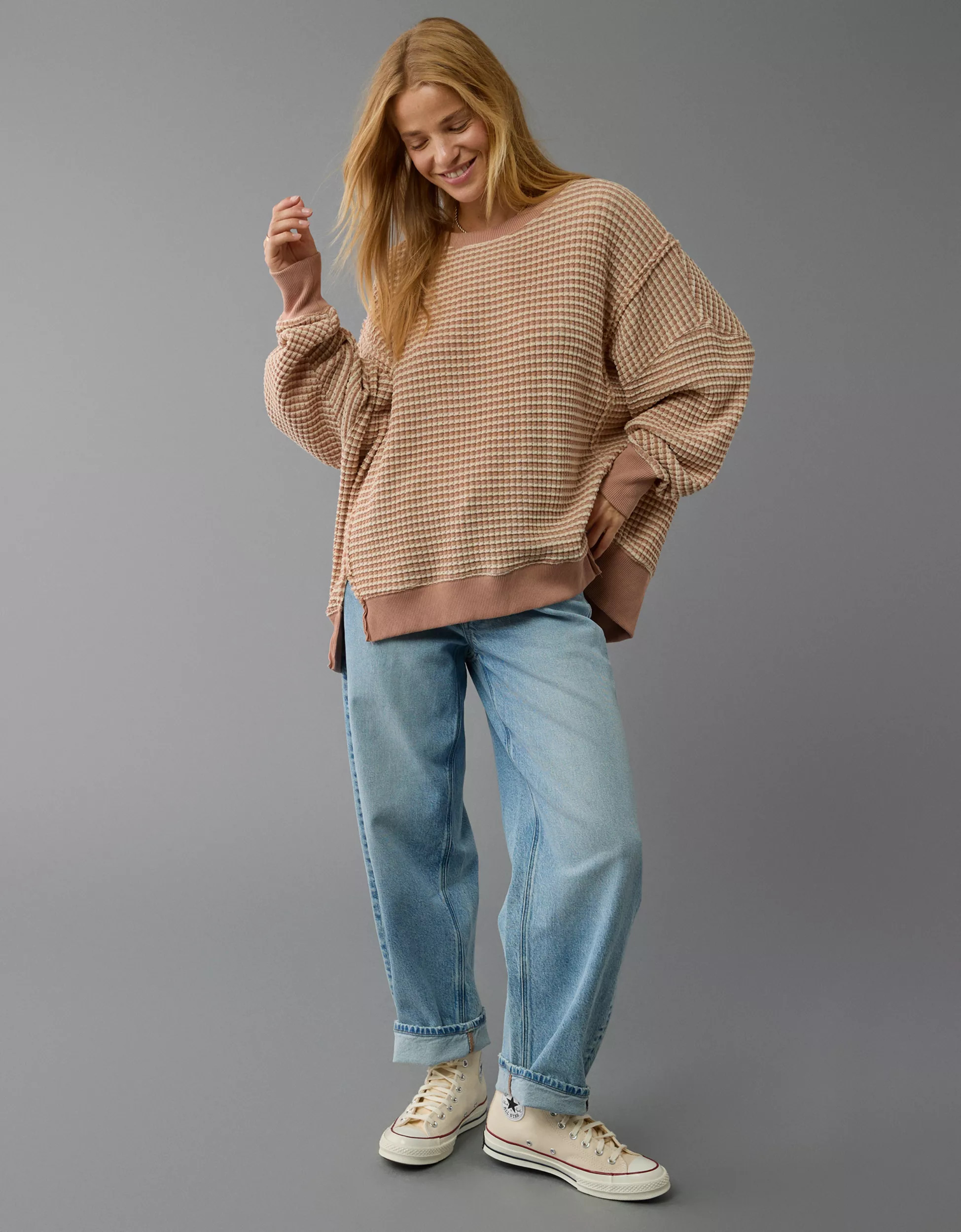 AE Big Hug Waffle Crew Neck Sweatshirt | American Eagle Outfitters (US & CA)