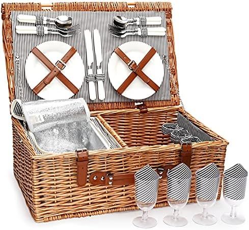 ZORMY 4 Person Picnic Basket, Large Willow Hamper Set with Insulated Compartment, Handmade Large ... | Amazon (US)