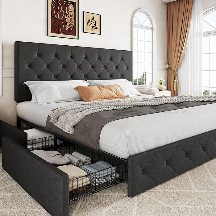 Allewie Upholstered King Size Platform Bed Frame with 4 Storage Drawers and Headboard, Diamond St... | Amazon (US)