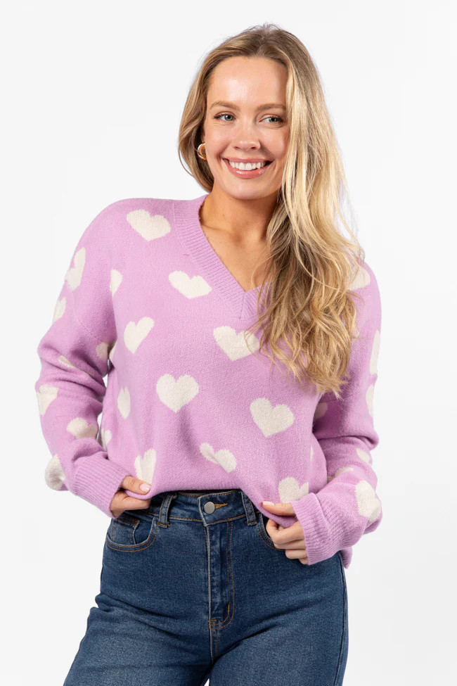 By The Book Lilac Hearts V-Neck Sweater | Pink Lily