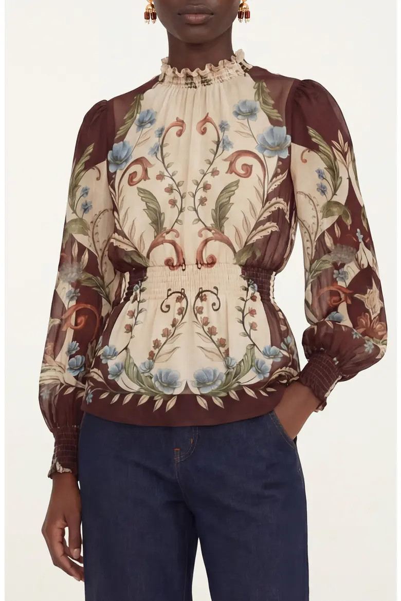 FARM Rio Millena Smocked Long Sleeve Top in Millena Winter White at Nordstrom, Size Large | Nordstrom