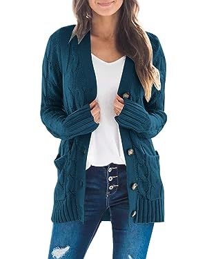 MEROKEETY Women's Long Sleeve Cable Knit Sweater Open Front Cardigan Button Loose Outerwear      ... | Amazon (US)