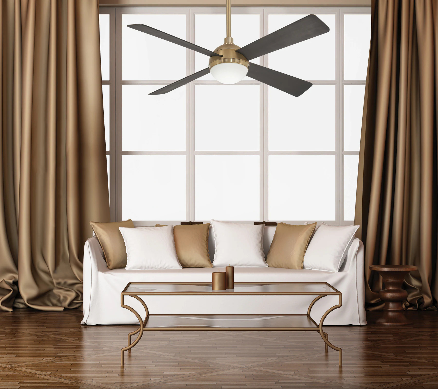 Minka Aire Orb 54-in Brushed and Soft Brass with Brushed Carbon Blades LED Indoor Ceiling Fan with Light and Remote (4-Blade) | F623L-BBR/SBR | Lowe's