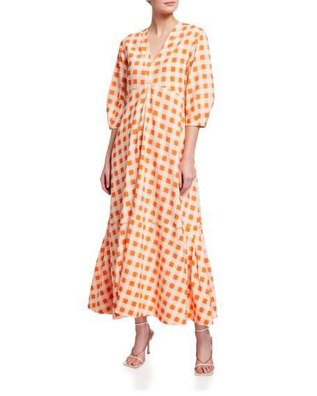 Victoria Victoria Beckham Bell-Sleeve Gingham Check Dress | Neiman Marcus