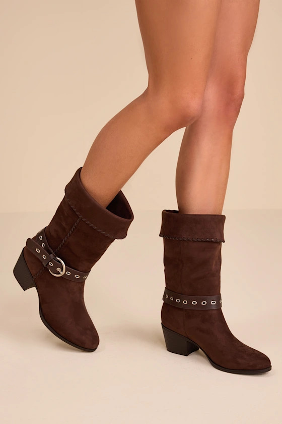 Leah Chocolate Brown Suede Buckle Mid-Calf Boots | Lulus