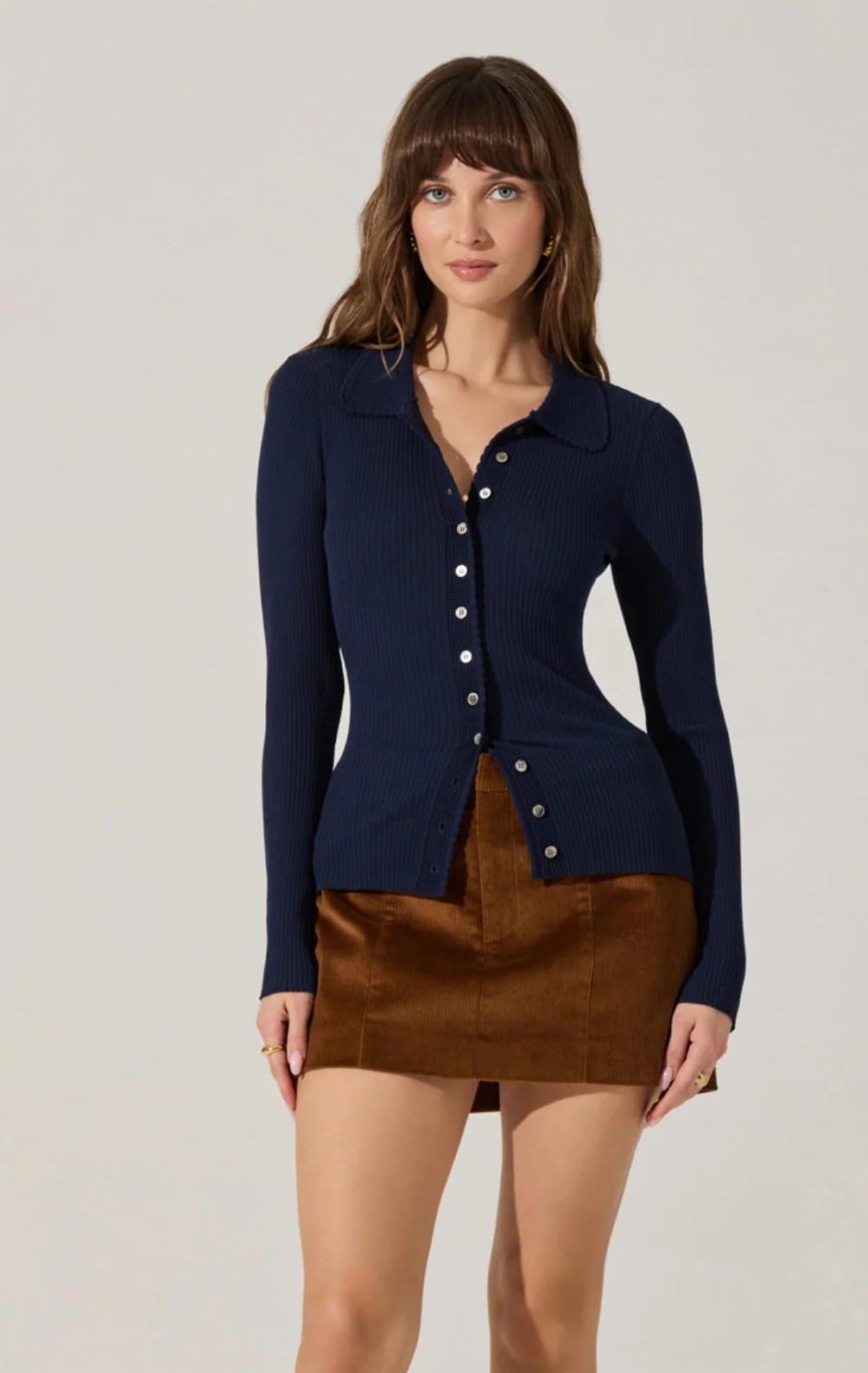 Keren Collared Ribbed Knit Cardigan in Navy | Sierra Deene