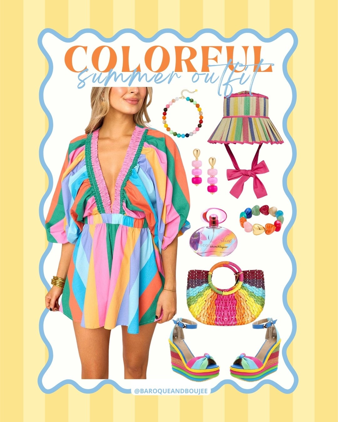 Colorful summer outfit Inspo for the colorful, maximalist and dopamine dressing girly!! This easy outfit is perfect for an everyday outfit, vacation outfit, beach outfit, and even a brunch outfit! The rainbow romper, wedges, woven bag, and pleated hat with matching rainbow bracelet, necklace and pink earrings tie everything together! Don’t forget to add a fresh fragrance !

#LTKgrwm #LTKootd #LTKSaleAlert