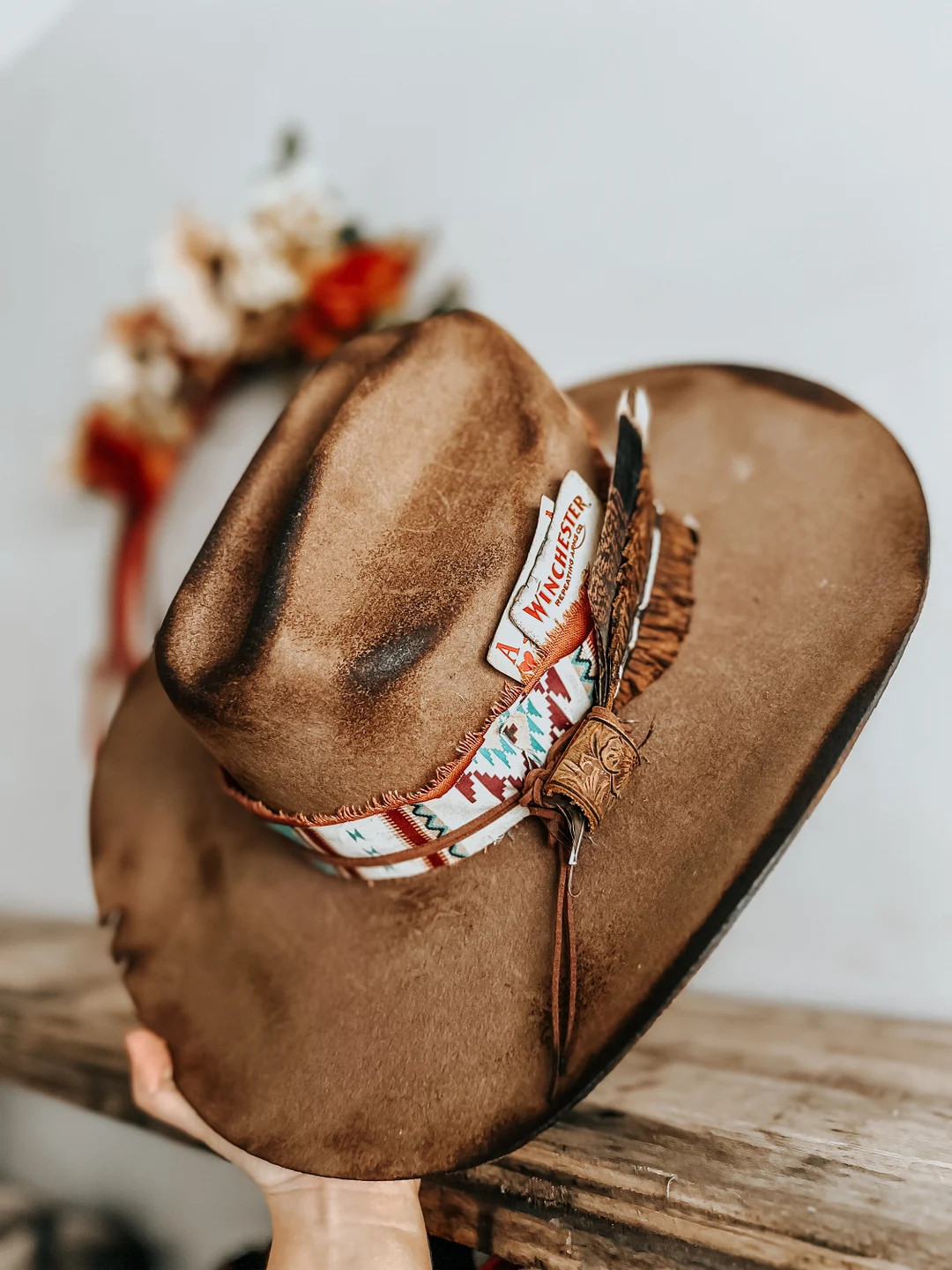 Native to the West Burned Cowboy Hat Aztec Cowboy Hat Distressed Hat Brown Burned Hat - Etsy | Etsy (US)