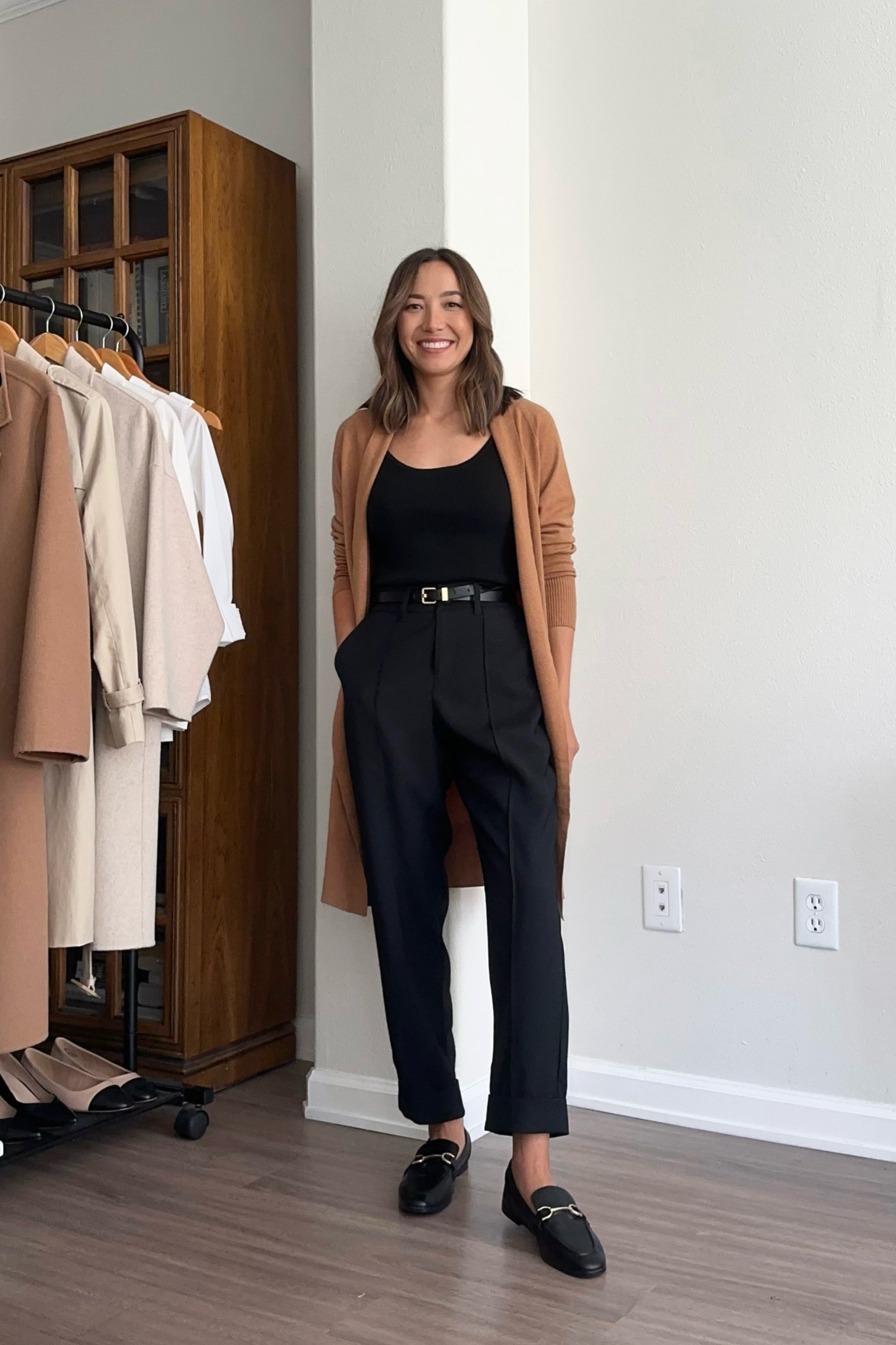 Fall workwear under $50 

• linked similar investment pieces as well 

Cardigan / sweater tank / pleated pants / target loafers 

#LTKfindsunder100 #LTKSeasonal #LTKworkwear