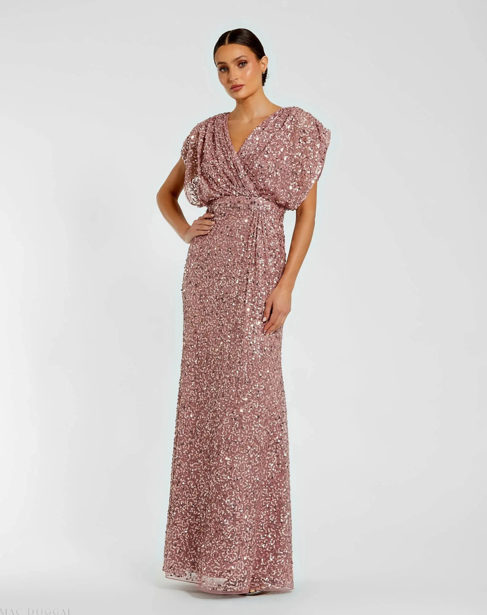 Purple Draped Sleeve V Neck Gown - Mac Duggal | Mac Duggal