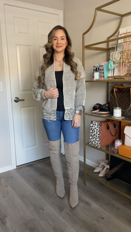 Casual Outfit Idea | Waffle Knit Sweater (Small), Black Tank (Small), Distressed Denim (2), Beige Boots, Pointed Toe Over the Knee Boots (TTS) | Amazon Fashion, Walmart Fashion, Nordstrom Fashion | #OutfitIdea #OutfitInspo #AmazonFashion #WalmartFashion #Nordstrom #OTKBoots

#LTKfindsunder100 #LTKVideo #LTKSeasonal