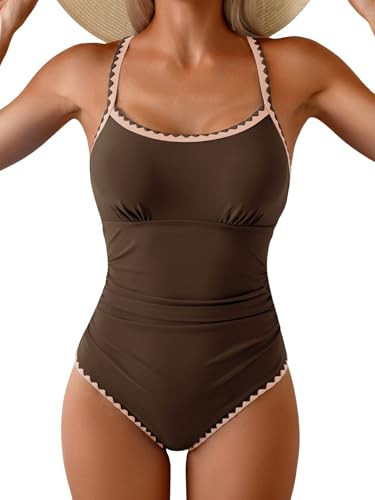 Eomenie Women's One Piece Swimsuit Tummy Control Slimming Bathing Suit Ruched Swimwear Tie Back Shell Stitch Swim Suit Dark Brown | Amazon (US)