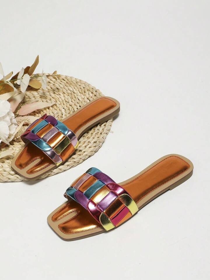 Fashionable Slide Sandals For Women, Colorblock Metallic Single Band Flat Sandals | SHEIN