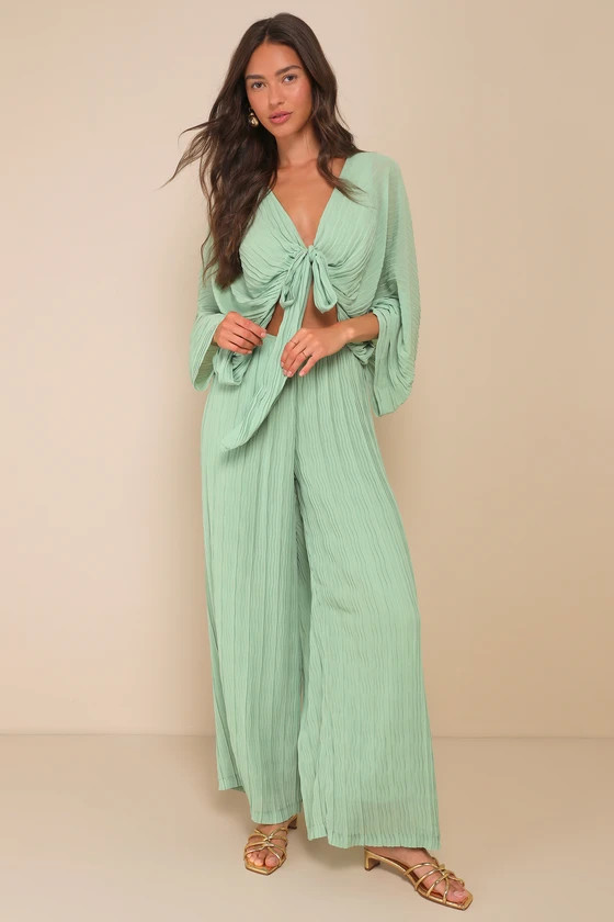 Pristine Presence Sage Plisse High-Waisted Wide-Leg Pants | Lulus