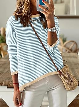 Dokotoo Long Sleeve Shirts for Women Casual Spring Crewneck Striped Color Block Shirt High Low Pu... | Amazon (US)