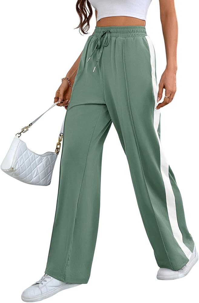 Wide Leg Sweatpants Women High Waisted Baggy Sweat Pants Active Striped Track Pants with Pockets | Amazon (US)