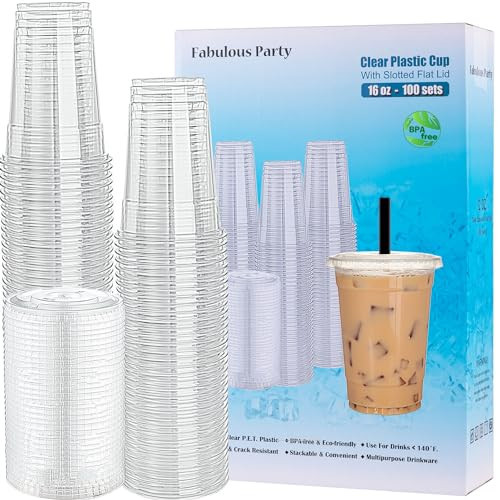 Fabulous Party 100 Sets BPA Free 16 Oz Plastic Cups with Lids, Premium PET Crystal Clear Cups Ice Coffee Cups with Cover, Clear Disposable Cups for Smoothie Juice Bubble Tea Soda Cold Drink | Amazon (US)