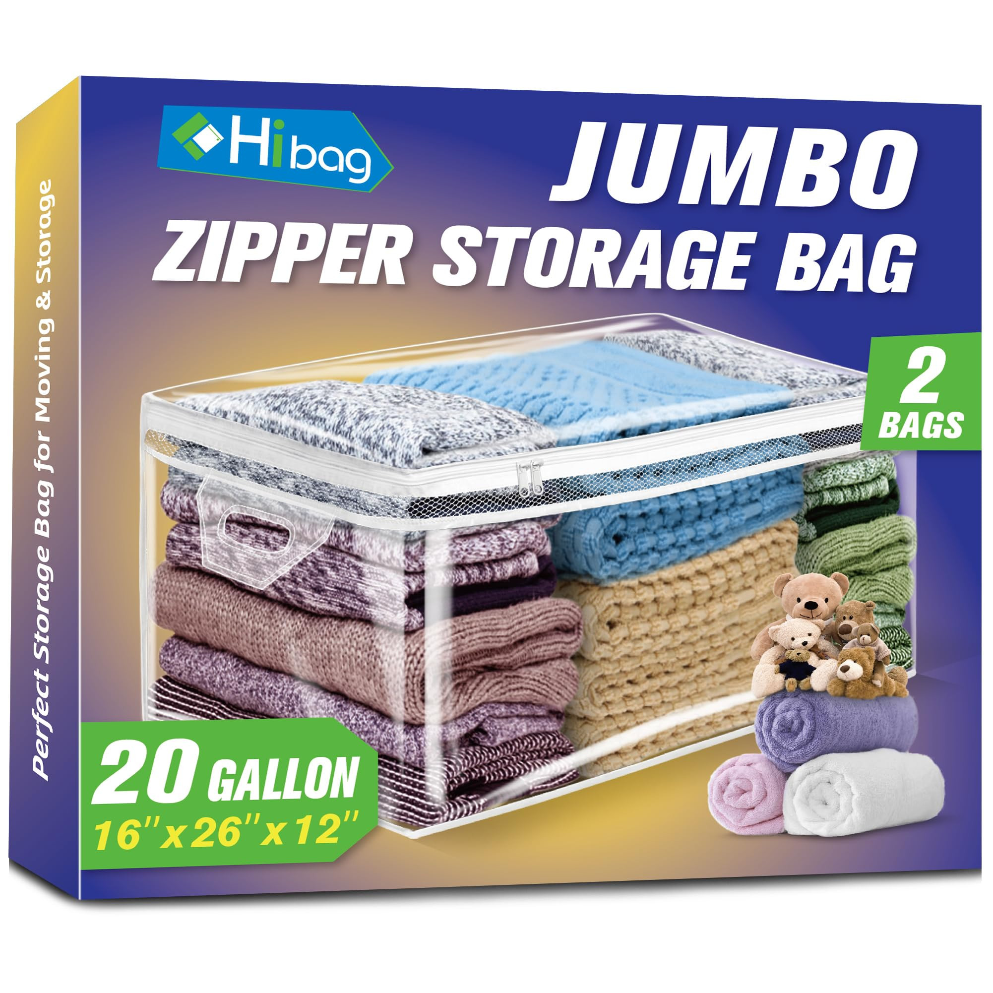 HIBAG 20 Gallon Large Storage Bag for Clothes, Zipper Clothing Storage Bag, Clear Organizer with ... | Amazon (US)