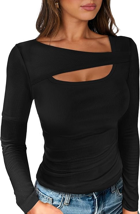ANRABESS Womens Ribbed Cutout Long Sleeve Shirts | Soft Stretch Tops, Basic Layering Tees, Casual... | Amazon (US)
