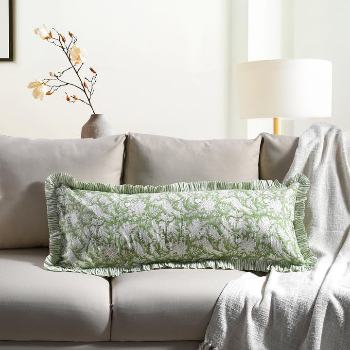 CPC Olive Green 100% Cotton Block Print Ruffle Sham Cover 14x36 inch, Handmade Boho Floral Pillow... | Amazon (US)