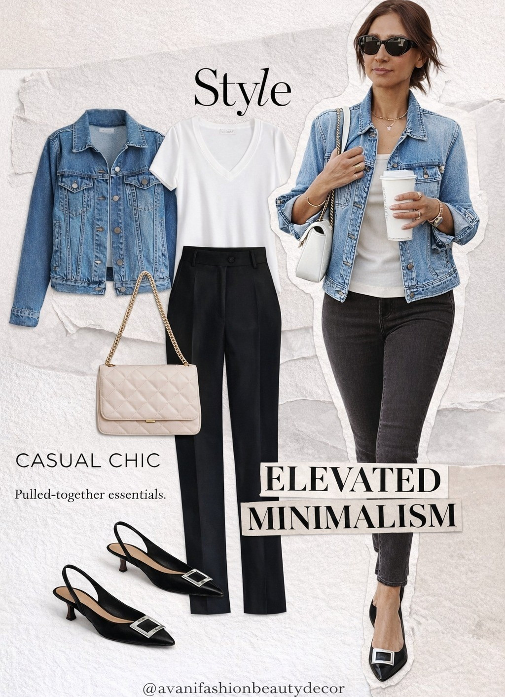 Casual chic denim jacket outfit styled with tailored black trousers and a classic white tee. This elevated minimalist look is perfect for brunch, errands, or work to weekend styling. Neutral quilted bag and black slingback heels complete this timeless everyday outfit formula.

#LTKSpringSale #LTKootd #LTKOver40
