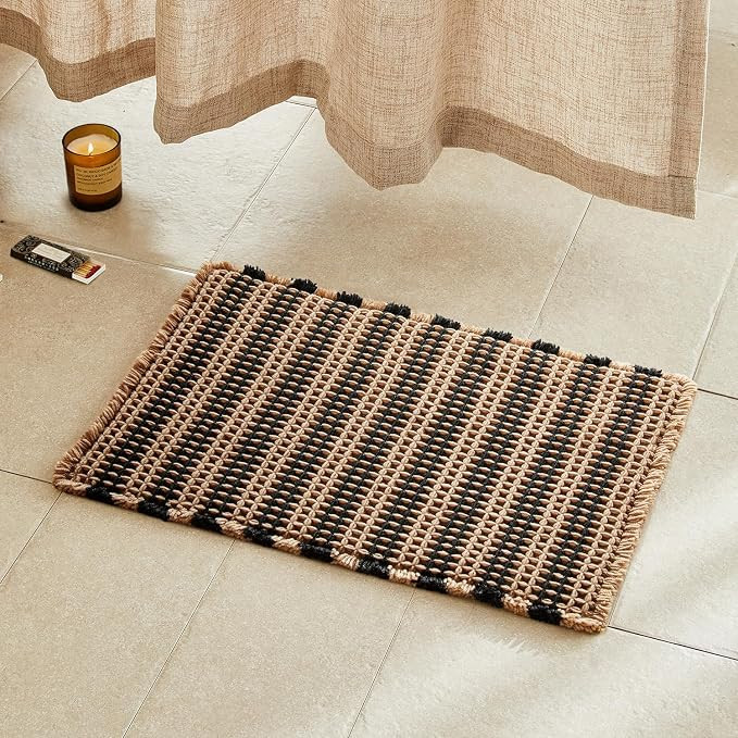 Waffle Bath Mat, Small Boho Bathroom Rugs Non Slip 24x16 Black & Khaki | Amazon (US)