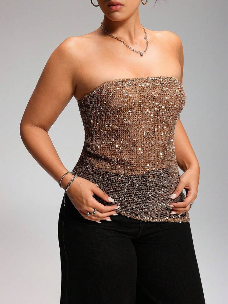 LYSMO Plus Size Women Sequin Bandeau Crop Top, Sexy Fitted, Club Women Sexy Valentine's Day | SHEIN