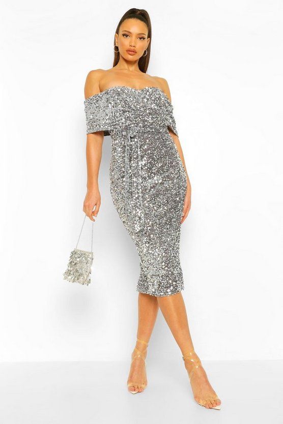 Tall Sequin Off The Shoulder Belted Midi Dress | Boohoo.com (US & CA)