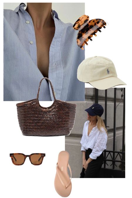 Summer errands ☀️ 

Ralph Lauren polo baseball cap, striped button down oversized shirt, woven leather bag, tortoise sunglasses, nude sandals, claw clip 

#LTKstyletip #LTKunder100 #LTKSeasonal